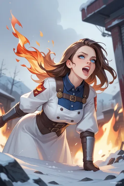 Long brown hair, blue eyes, white dressScene Description: The scene transitions to a figure standing at the boundary between ice and fire. On the left is a frost-covered wasteland, and on the right are roaring flames, creating a stark contrast. The figure ...