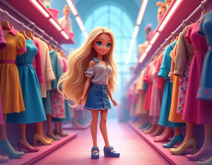 barbie, 4K,  cartoon, Looking at clothes at the store