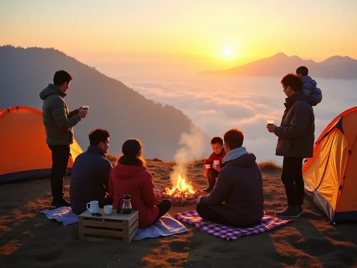 An Asian family of seven camping on a mountaintop during a stunning early morning sunrise, surrounded by mist and rolling mountain peaks. The family members, viewed mostly from the back, are engaging in various activities: one adult is standing near the ed...