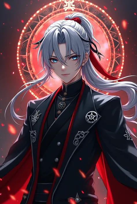 Full body image, handsome young protagonist xianxia,long gray white hair,red long ribbon tied on hair,handsome face,(handsome male on 20-25 yo),dark blue eyes((make blue color more darker and darker))villain aura menacing,at back head is god circle with de...