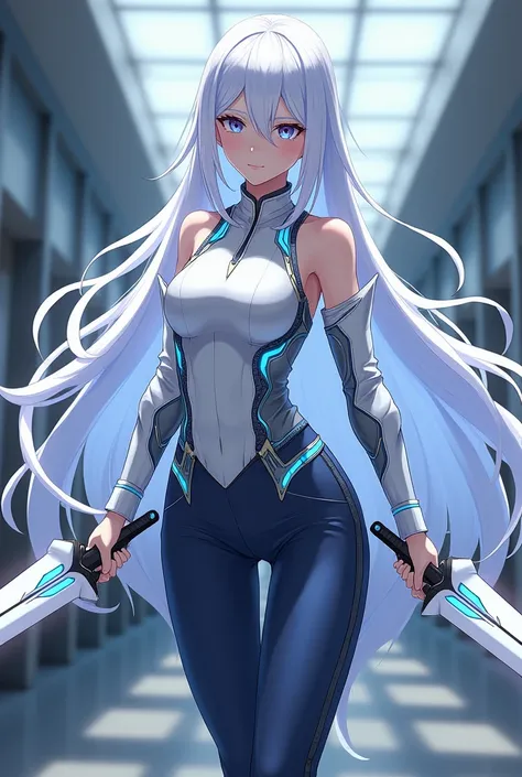 Make an anime character with a white blouse with futuristic blue details and 2 white swords with blue details and black shoes and dark blue pants and white hair