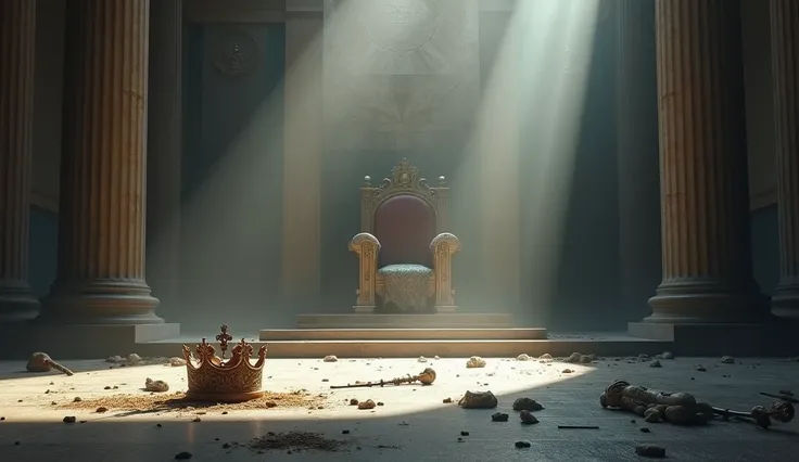 A metaphorical scene showing the absence of leadership, with a vast, empty throne room and shadows cast on the walls. The image should symbolize moral and spiritual chaos, with broken symbols of authority and leadership, such as a crown or scepter, lying a...