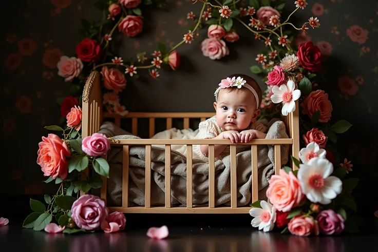 there is a baby sitting in a crib surrounded by flowers, a picture inspired by Sophie Anderson, shutterstock contest winner, baroque, girl in a bed of flowers, portrait shot, flower , full of flowers, covered with flowers, girl in flowers, sitting with flo...