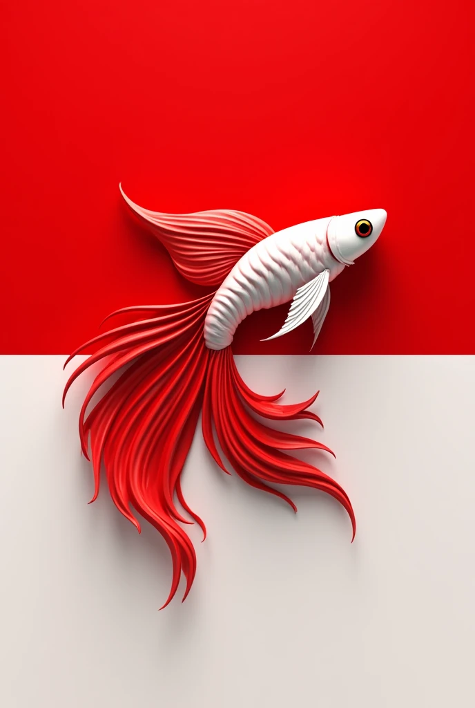 logo ikan guppy sirip dan ekor panjang slayer 3D ekor lebar warna merah putih dengan background bendera merah putih