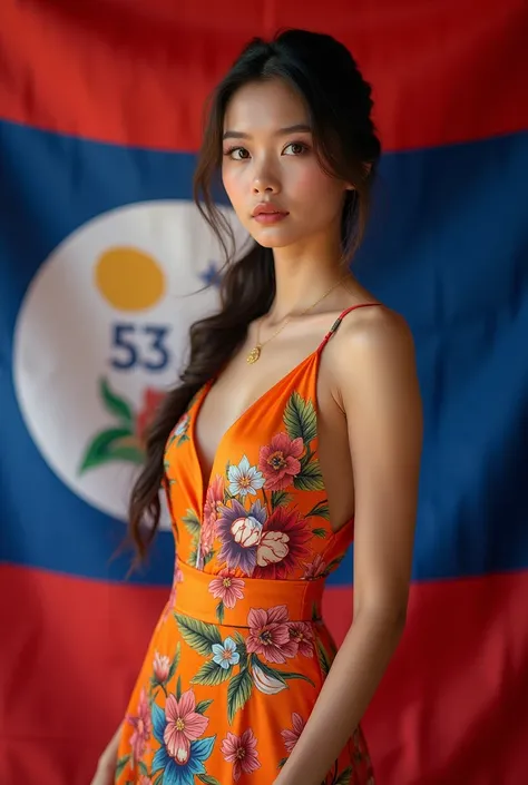 Beautiful girl wearing Lao silk dress, Lao flag, number 53, elephant