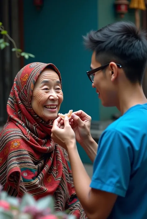 Happy tudung old malay lady receiving her denture from chinese fair boy dentist with blue scrub at dark blue background