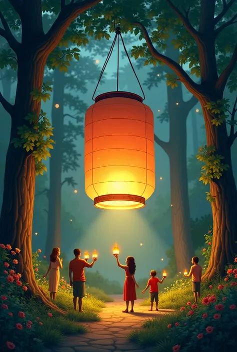  Lanterns Connected with Nature :

 A large lantern hanging in the middle of the forest ,  but instead of the usual fire ,  The lantern emits natural light such as moonlight or light from bioluminescent plants. Around the lantern , lush green trees and blo...