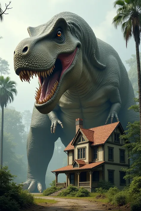 Tyrannosaurus the size of a two-story house. Next to a two-story house. No taller than ,  the size of the house 