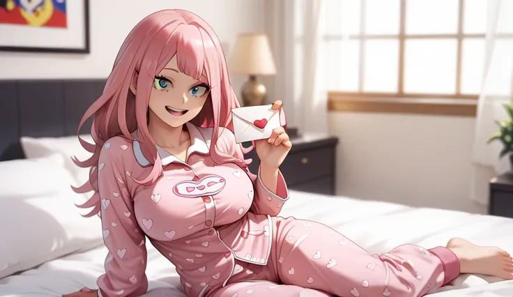 1 female, holding a love letter, excited expression, short pink hair, violet eyes, long eyelashes, large breasts, pink pajamas, correct anatomy, (sitting on the bed), golden hour, blurry background, highly detailed, masterpiece, ultra HD, anime style, ((My...