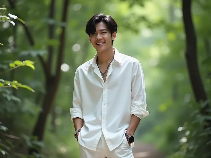  a handsome javanese looking k pop ,white shirt and panties,long pants,Forest background""" A handsome Javanese in K-pop appearance ,  white shirt and pants , long pants, Forest background.  He stands confidently ,  her black hair glistened in the wind .  ...