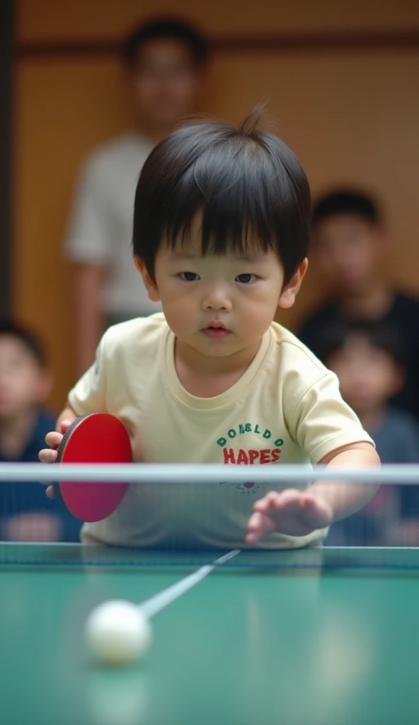 生まれたばかりの凄く小さい赤ちゃん Japanese baby is playing a table tennis game　A baby audience is watching all around 　 high definition 、 top quality、 real　 Real Photos　8k　　　The match opponent is also a baby　A heated match　