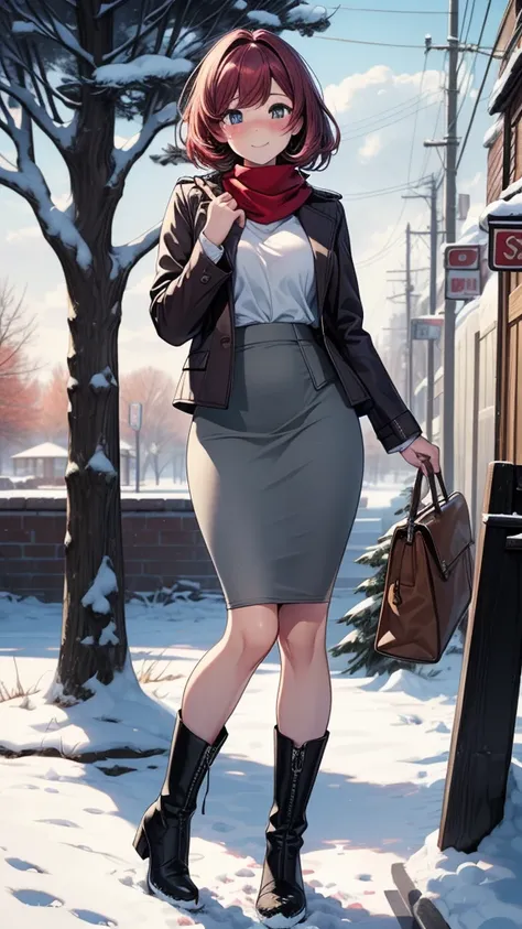 ((masterpiece, best quality:1.3, high detail)), beautiful woman, smile, looking at viewer, medium hair, (maroon hair), solo focus, one person only, full-face blush, (brown jacket, white blouse, red scarf, (long gray pencil ((skirt))), boots, outdoors, (clo...