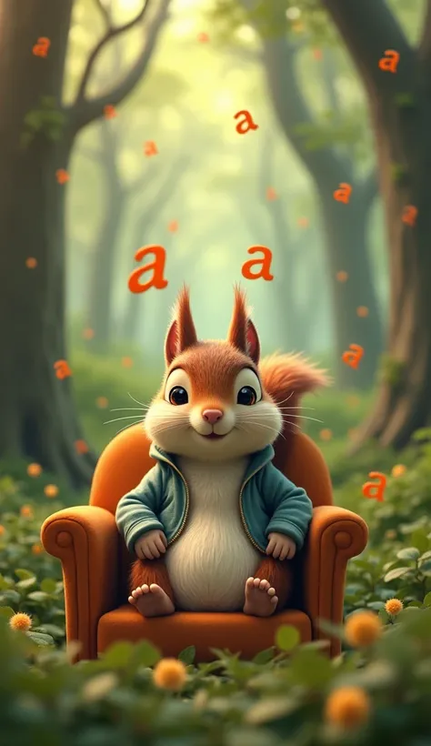 create a squirrel sitting in the chair in the forest, with casual clothes and full of letter A in the t-s
