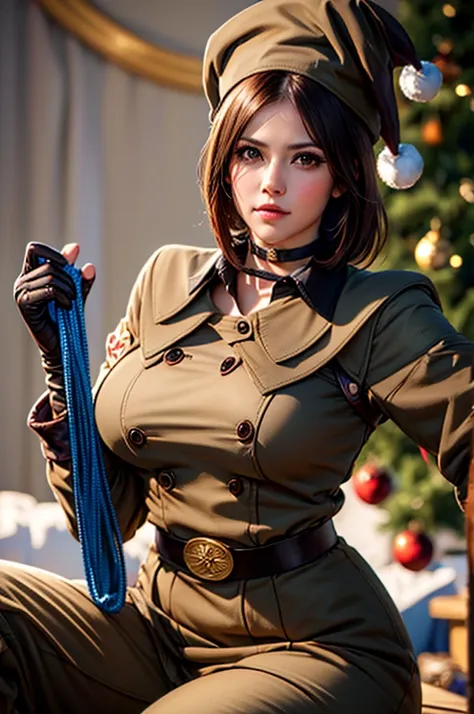 (santa hat), 1woman, realistic, detailed, sitting, Brown eyes, short Brown hair, (Long ends hair), Christmas tree, Christmas gift, beautiful face, waist, perfect hands, beautiful face, perfect, (with a blue whip), military uniform, belt, choker, Long glove...