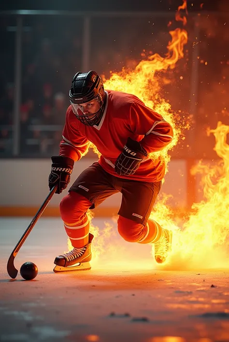 Image of a hockey stick on skates burning flames hitting a ball