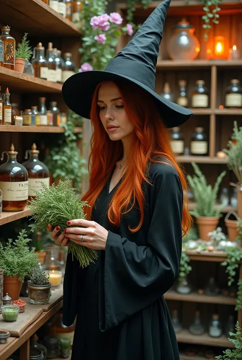 Witch with copper-colored hair shopping at an herbal store, candles and potions . With herbs in her hands  