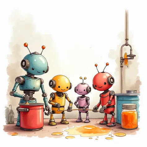 Jam Factory, cute robots working in the jam factory, powerful watercolor painting with clear outlines, white background