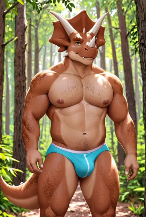 Triceratops sexy male wearing only underwear in a forest 