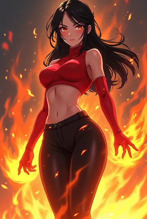 She plays a  female anime character wearing red clothes and black pants and fire powers