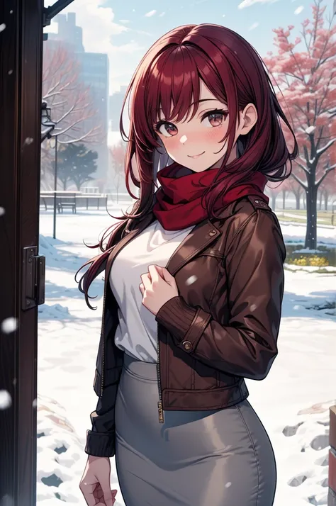 ((masterpiece, best quality:1.3, high detail)), beautiful woman, smile, looking at viewer, medium hair, (maroon hair), solo focus, one person only, full-face blush, (brown jacket, white blouse, red scarf, (long gray pencil ((skirt))), boots, outdoors, (clo...