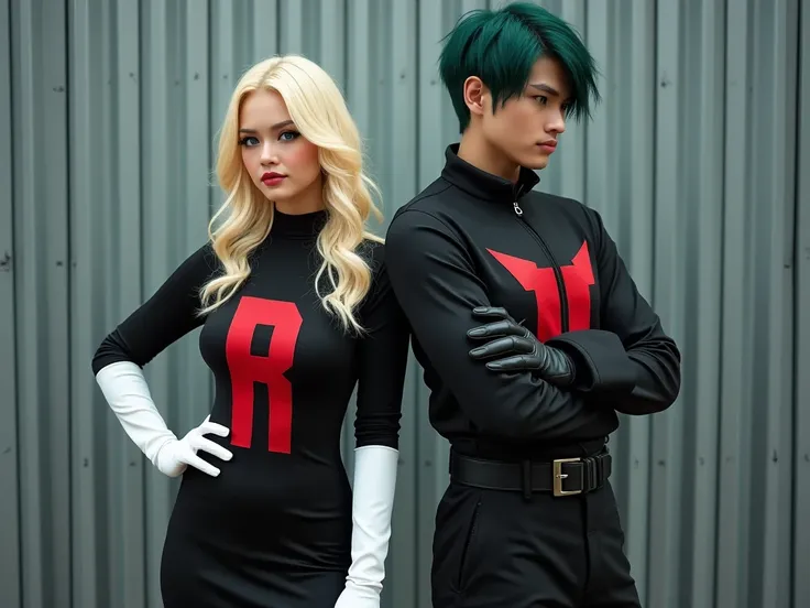 For Instagram, Woman, Asian, longhair, Blonde, curvy skinny, bigboobs, green eyes, redlips makeup,  huge ass, A realistic cosplay of Cassidy and Butch from Pokémon, portrayed by a blonde model and a man with light skin. The duo is standing in front of a me...