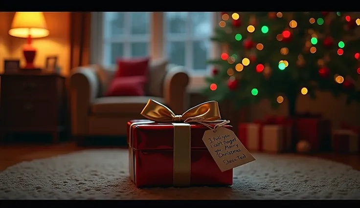 A cozy living room at night, illuminated only by the warm, soft glow of colorful Christmas tree lights. Beneath the tree, surrounded by traditional holiday decorations, there is a mysterious gift box that stands out. The box is wrapped in shiny red paper w...