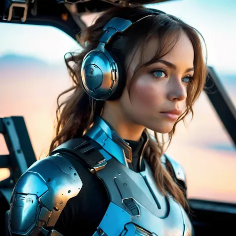 Highly detailed photo of a Women, SF soldier, 30yo, (Mech warrior of women mercenary, (body armor)), sitting like a queen, Stately and dignified, Very dissatisfied look, (headset, Powerful and beautiful eyes, (female bodybuilders body), 8K Ultra HD, Origin...