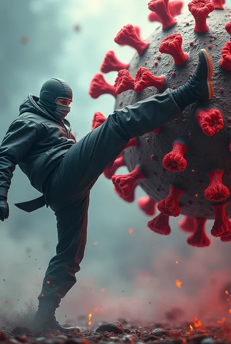 Un ninja de profil qui donne un high kick violent dans un virus. Le ninja est situé à gauche et le virus est situé à droite. Le ninja porte un masque chirurgical style Covid