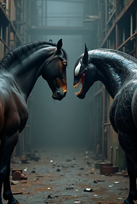 Create the ultra realistic image prompt of a horse staring at Venom, Theyre both mad . Faça eles com seus corpos apareçendo