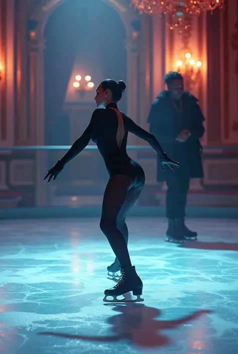 Close up of an actor skating on an ice rink in a big mansion with neon lights and a black rapper watching in the back, nightmare, dream-like, highest definition, highest details, highest quality 