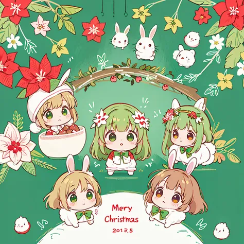 cute、Chibi、 Christmas wreath 、   Sato Nakako style,    cuteデザイン  ,  The most beautiful girl ever 、Chibi, (((Little rabbits   )))、   christmas illustration，  Christmas Winter Scenery ，Christmas food  ，   poinsettias  、 red and green neon colors 、