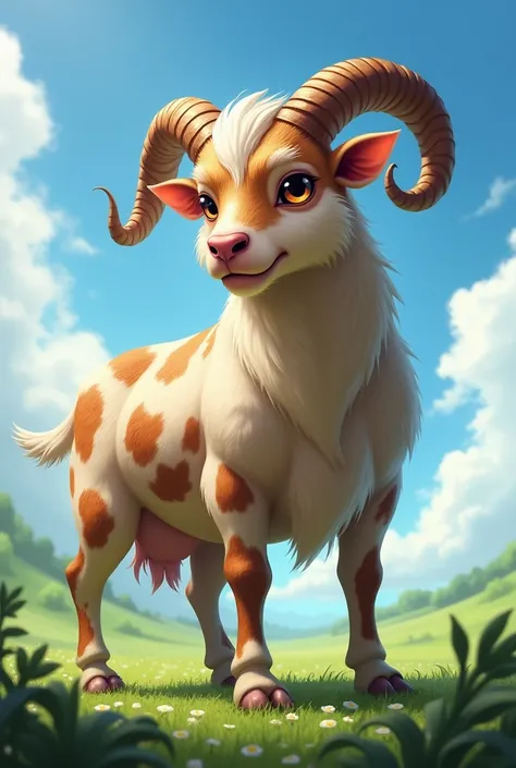 "A fantastical hybrid animal combining features of a goat and a cow. The creature has the body structure and size of a cow, with strong legs and a broad torso, but its fur has patches resembling a goats texture and color patterns. It has curved, majestic h...