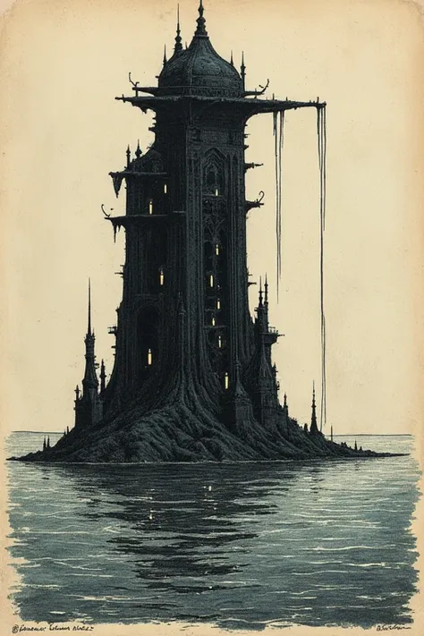   etching inspired by moebius paintings,    Mobius Inspired Concept Art 。Theres a big black tower in the water、 lots of water coming out of it, Reddit,  letters , Flooded Tower ,  Vast Floating Castle ,  Flooded Ancient Tower , kaiju-eiga, Nier:Automata St...