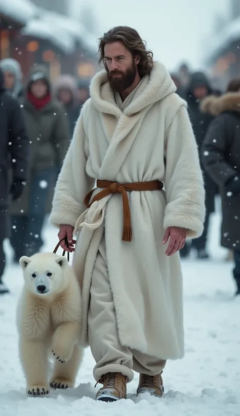 jesus in white holding a little polar bear cub walking in the market. crowded market in the arctic winter