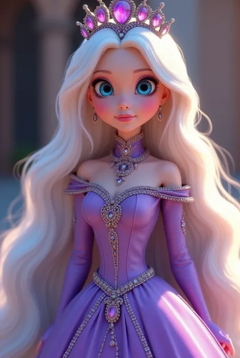 Woman with very long and full white hair purple dress studded with purple stones crown studded with purple stones Disney princess-style pixar style blue eyes high collar dress that covers her entire lap full body image dress all set with purple diamonds an...