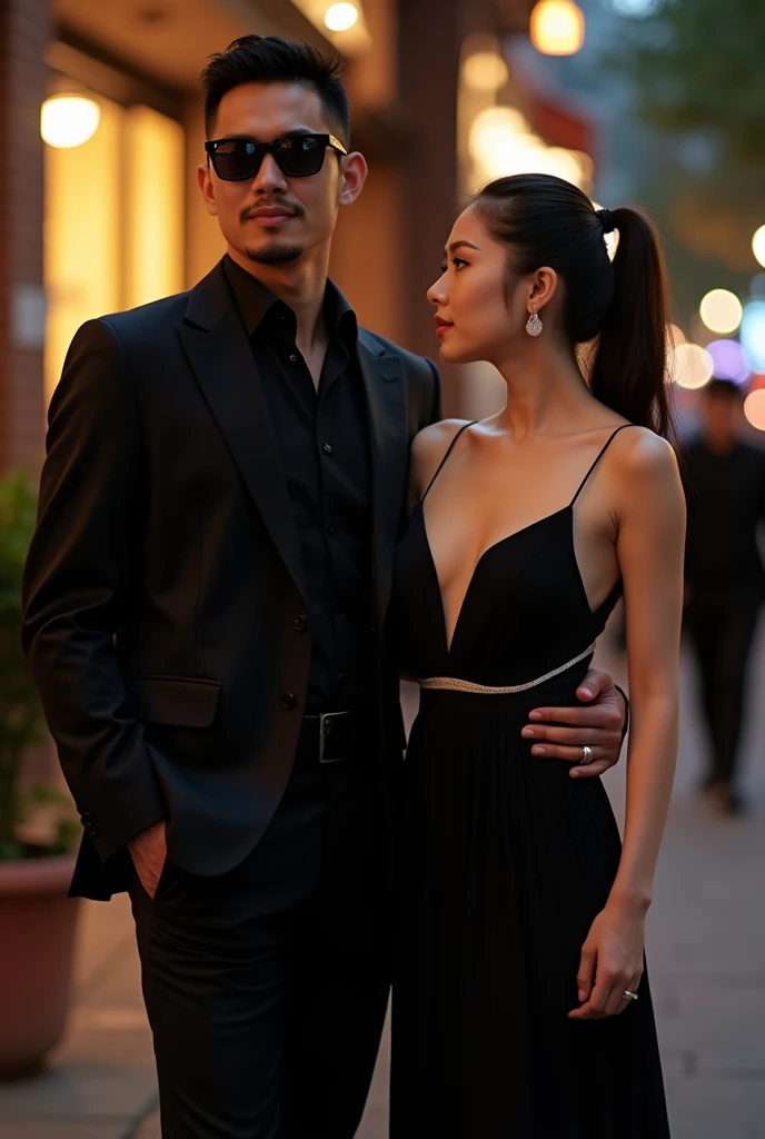 Man in a black suit and dark glasses with his Japanese girlfriend with tied hair and black dress with a silver evoque