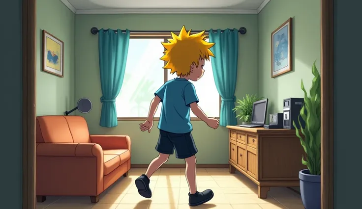 A student runs away from his room，round face， Yellow Explosion Head，Blue Short T , anime style ， Black Edge ， anime style ， Black Edge ，Height 170cm，side view