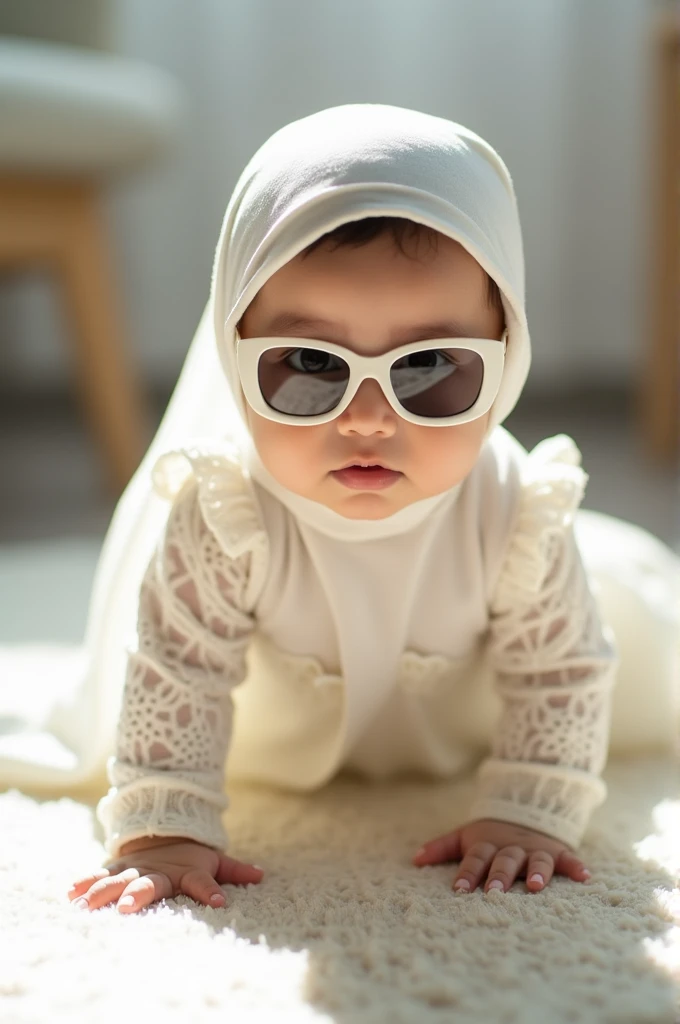 ((best quality)), ((masterpiece)), (detailed), perfect face, In a brightly lit room, a young Malay baby wearing a white headscarf and wearing bright sunglasses stared at the camera making the touch finger symbol. Dressed in a delicate white lace gown, the ...