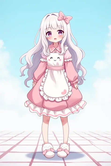 "An anime-style illustration of a cute female character inspired by a Roblox avatar. The character has long, wavy, and pure white hair, along with white skin. She has a delicate, innocent expression, soft facial features, pink blush, and bright eyes. She i...