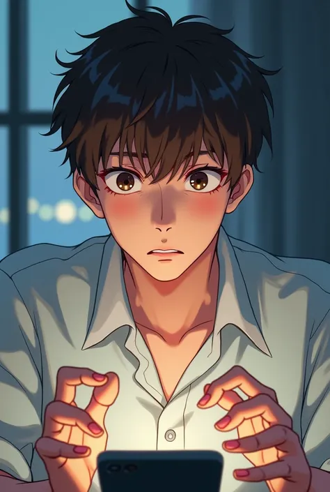 A man in his late 20s,he has brown hair and brown eyes,fluffy brown hair,Asian features,he is wearing soft boy aesthetic clothing, he has a concerned look and is trapped behind a phone screen his hands sprawled out on the glass,in an manhwa/anime style