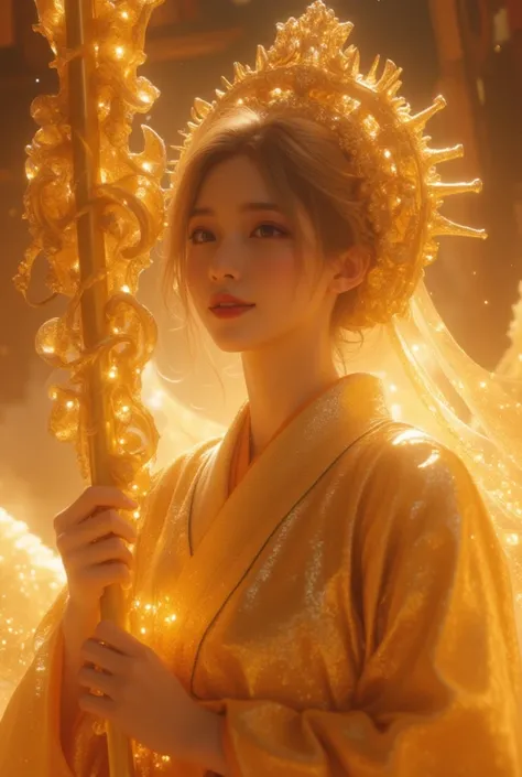 Amaterasu, the sun goddess, The woman was extremely beautiful and divine, eyes are exquisite and beautiful, smiling gently, An ornately carved, golden staff that emitted a soft, ethereal glow, floating on air, is looking down upon us from her heavenly abod...