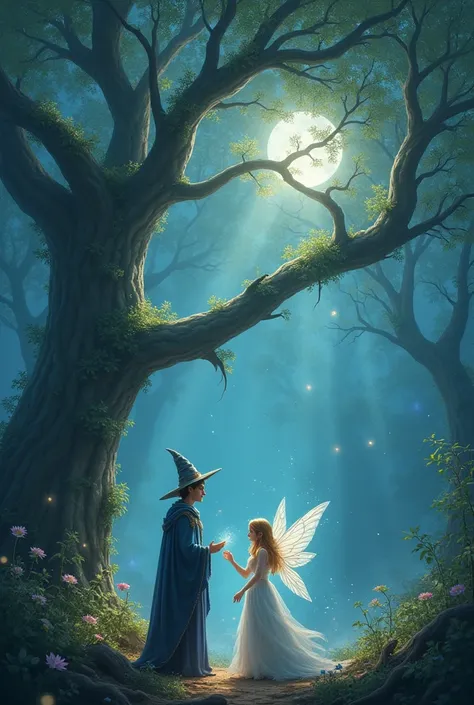 Fairy and Wizard prince under moonlight and magical tree