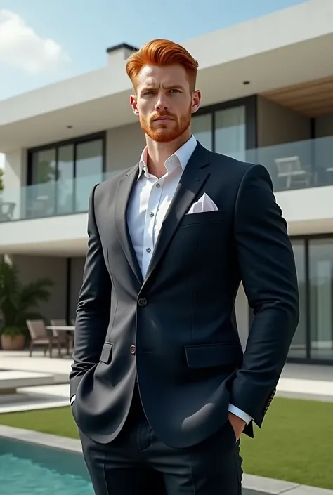 white man, redhead, Blue-eyed tall ,  handsome strong man in a tailored suit and a minimalist mansion in the background 