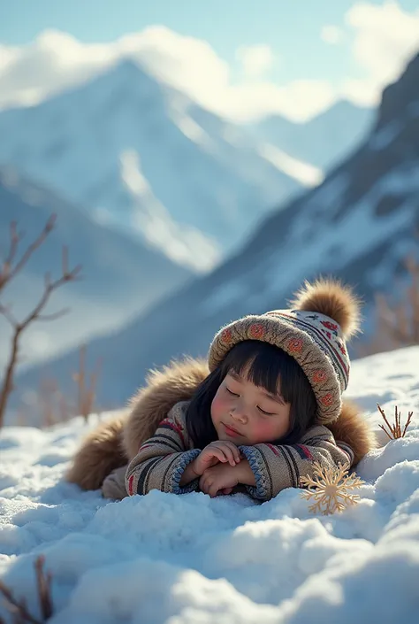 Niño de la Sierra lying in the snow Peruvian Andes next to a snowflake in the shape of an elf