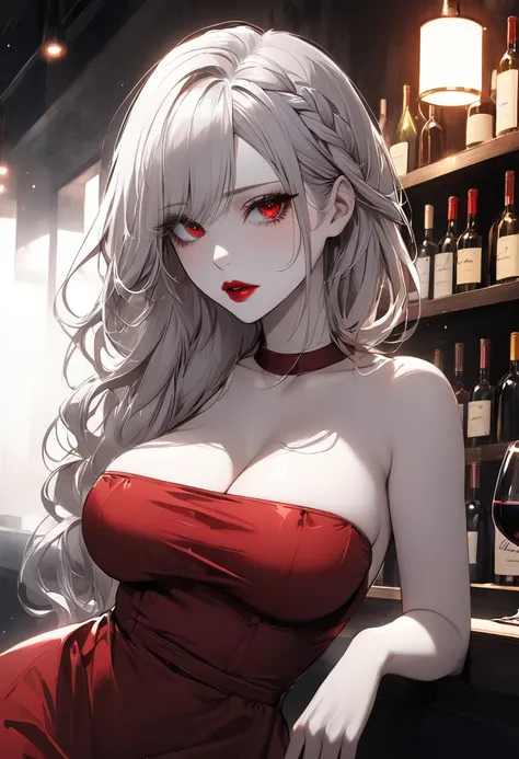 1 woman,  white braided long hair,  red eyes, Red lips,  Pale Skin ,  big boobs,  dark atmosphere ,  smells low saturation ,  sharp eyes without empty space, wine bar, modern red dress