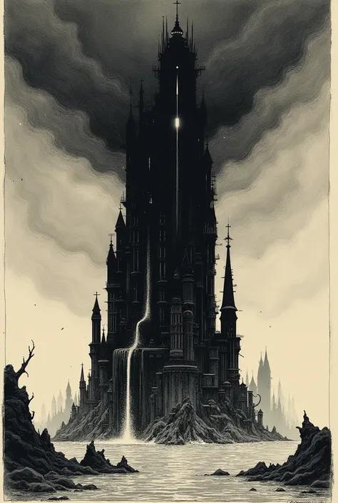   etching inspired by moebius paintings,    Mobius Inspired Concept Art 。Theres a big black tower in the water、 lots of water coming out of it, Reddit,  letters , Flooded Tower ,  Vast Floating Castle ,  Flooded Ancient Tower , kaiju-eiga, Nier:Automata St...