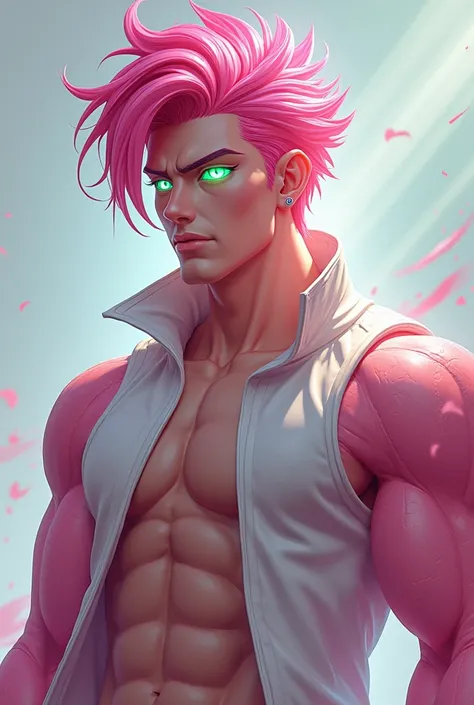 a pink hair and light green eyes male character athletic build male character 