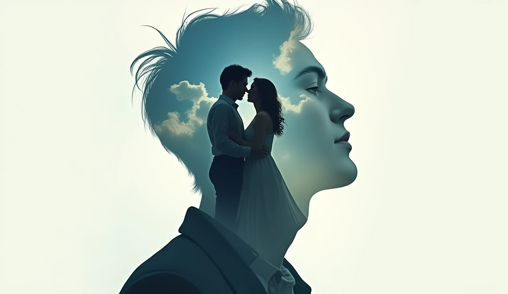 high quality, 8k Ultra HD, a beautiful double exposure that combines the face of a handsome man silhouette looking up at the sky, eyes closed, (With a double exposure silhouette of a man and a woman holding hands looking at each other inside the head of th...