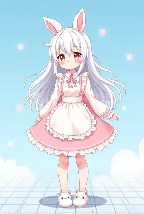 "An anime-style illustration of a cute female character inspired by a Roblox avatar. The character has long, wavy, and pure white hair, along with white skin. She has a delicate, innocent expression, soft facial features, pink blush, and bright eyes. She i...