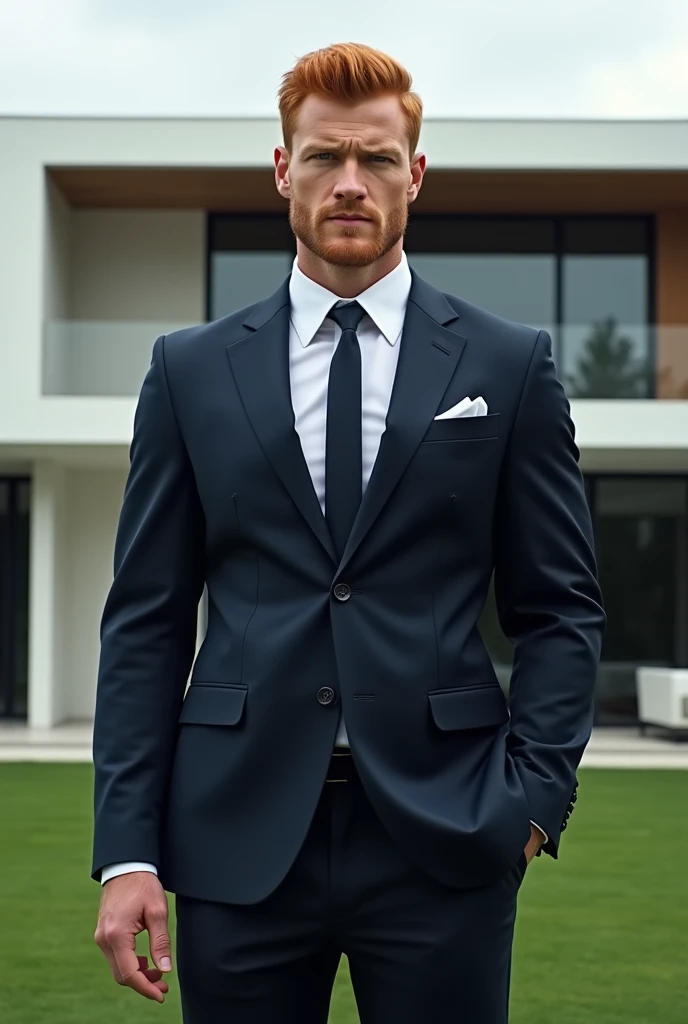 white man, redhead, Blue-eyed tall ,  handsome strong man in a tailored suit and a minimalist mansion in the background 